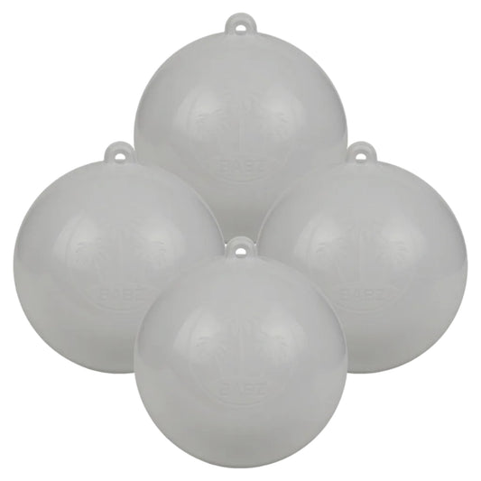 Four gray spherical floats on a white background