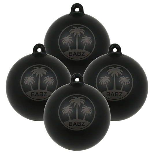 Four black BABZ branded ball-shaped objects with palm tree design on a white background
